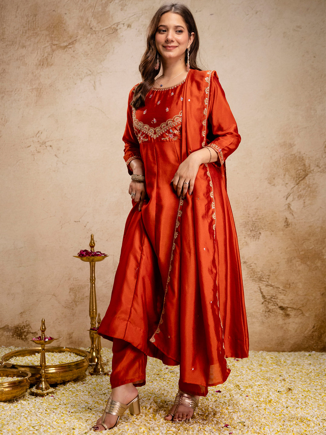 Rust Embroidered Art Silk Kurta With Pant &amp; Dupatta