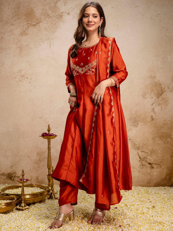 Rust Embroidered Art Silk Kurta With Pant &amp; Dupatta