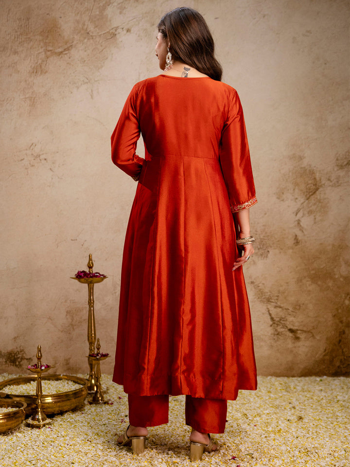 Rust Embroidered Art Silk Kurta With Pant &amp; Dupatta