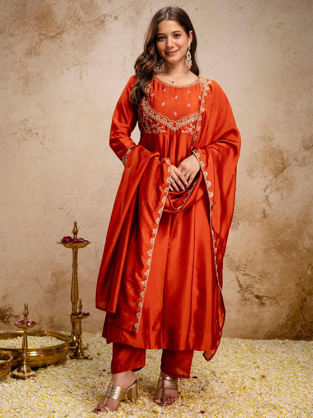 Rust Embroidered Art Silk Kurta With Pant &amp; Dupatta