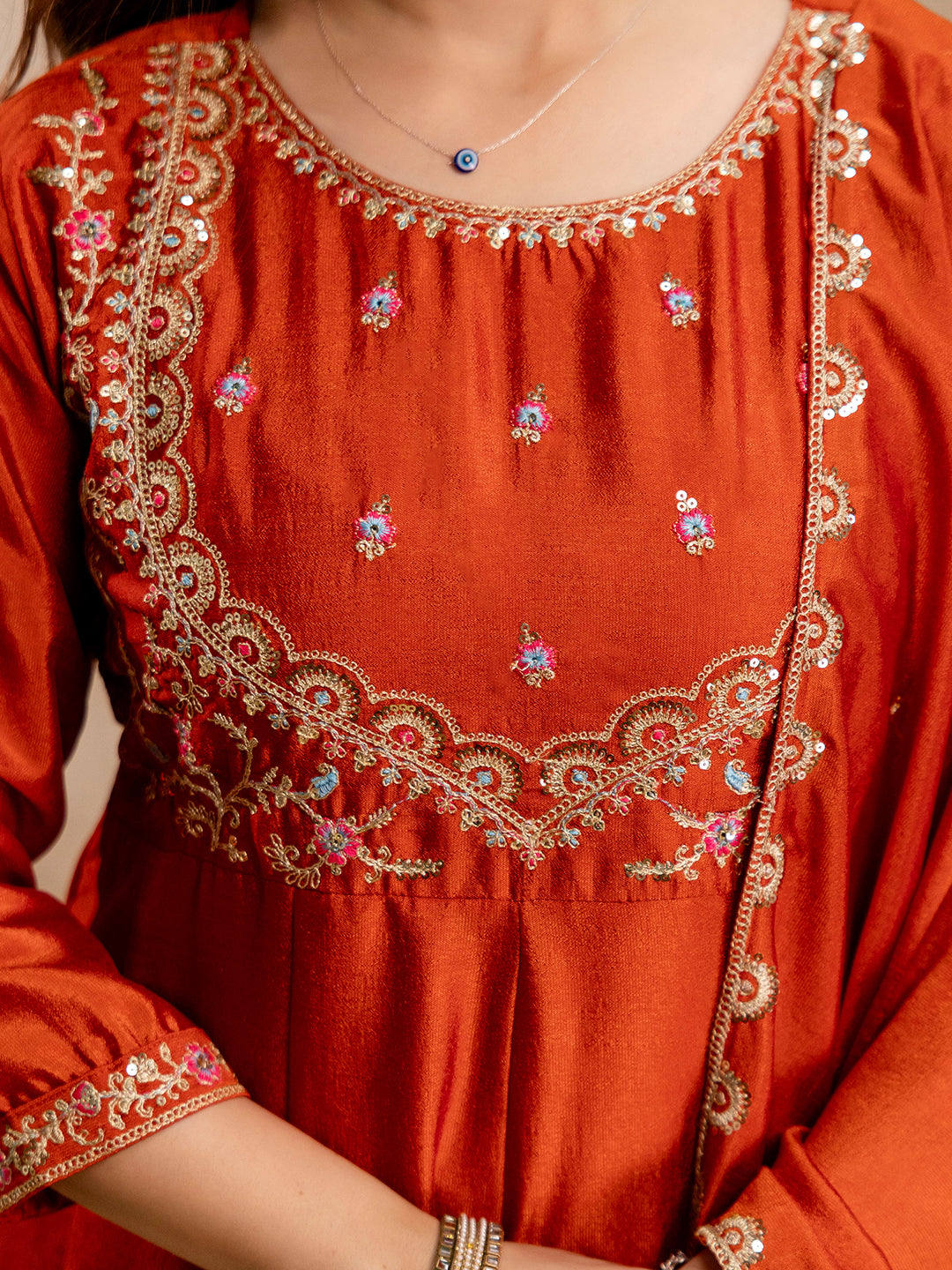 Rust Embroidered Art Silk Kurta With Pant &amp; Dupatta