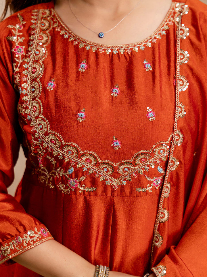 Rust Embroidered Art Silk Kurta With Pant &amp; Dupatta