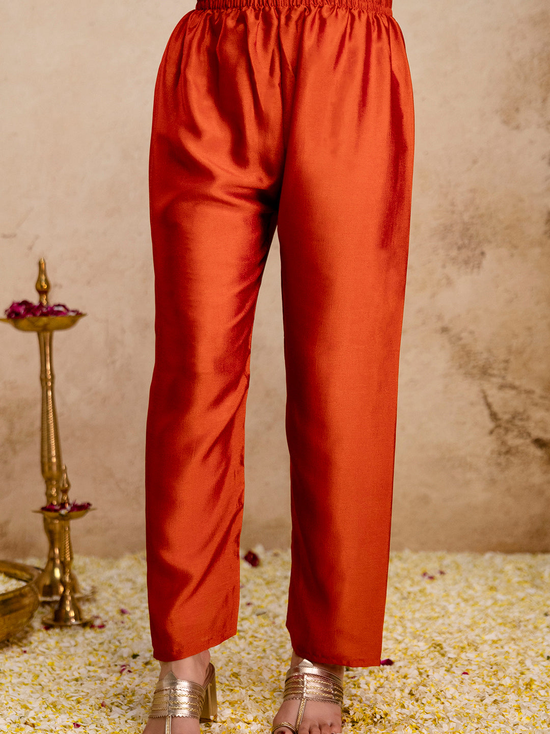 Rust Embroidered Art Silk Kurta With Pant &amp; Dupatta
