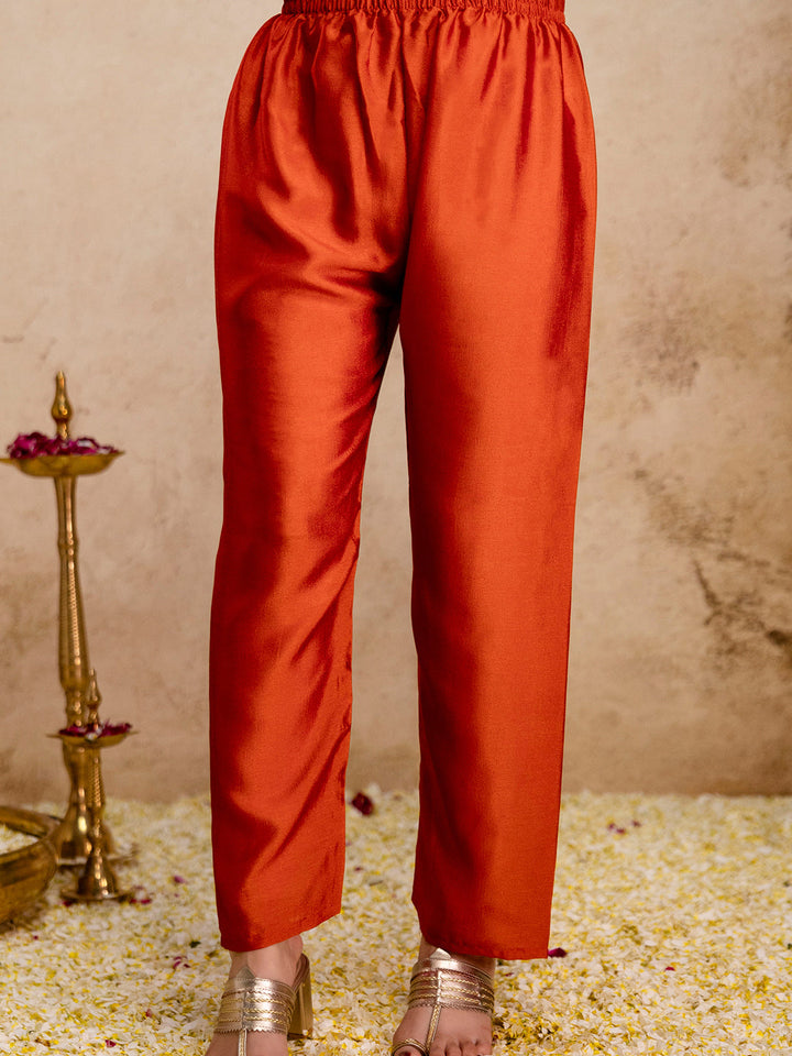 Rust Embroidered Art Silk Kurta With Pant &amp; Dupatta