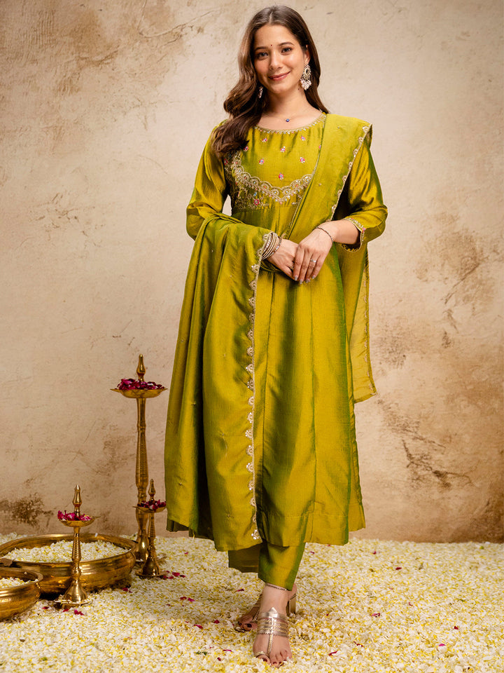 Mehndi Embroidered Art Silk Kurta With Pant &amp; Dupatta