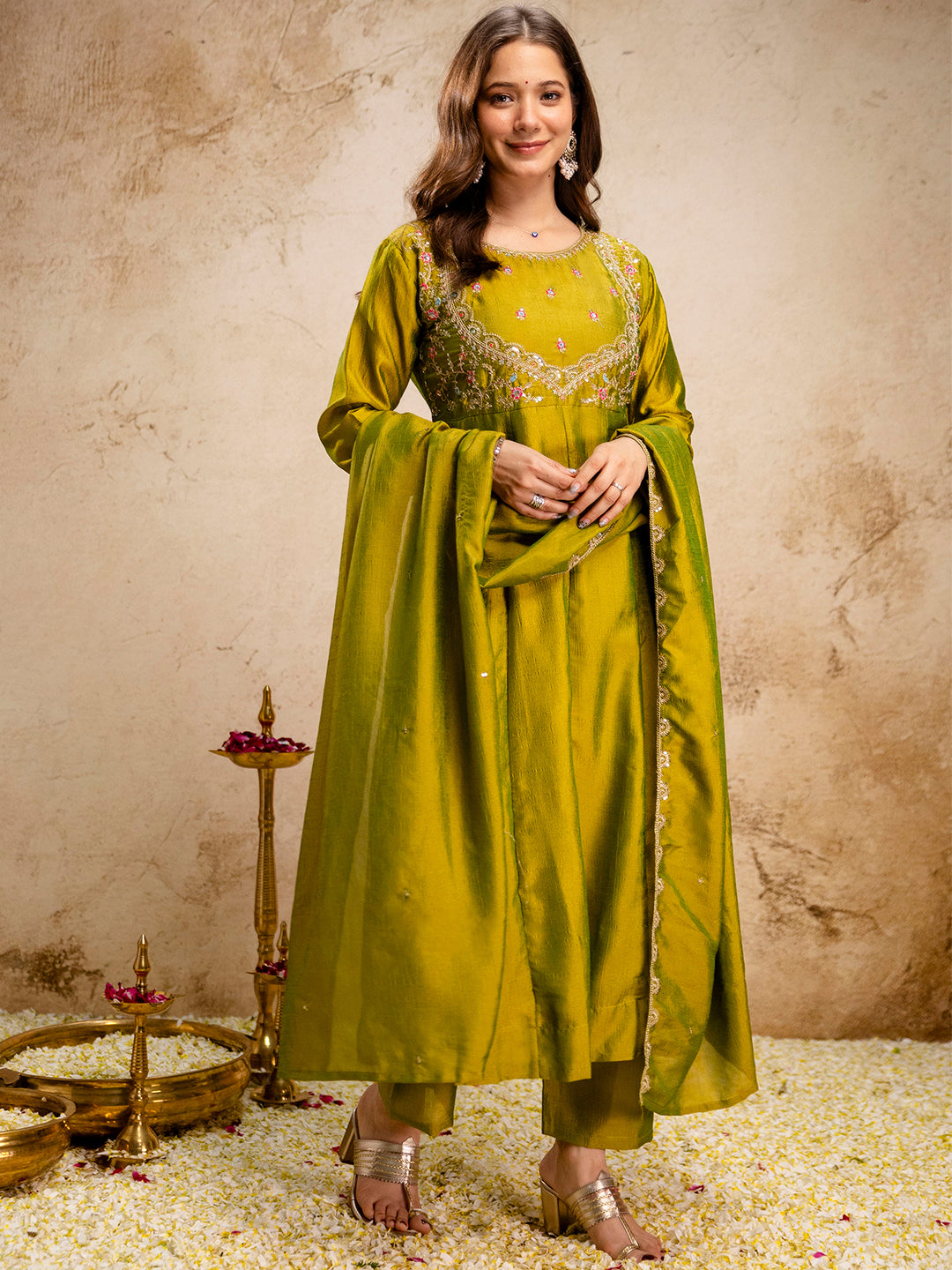 Mehndi Embroidered Art Silk Kurta With Pant &amp; Dupatta