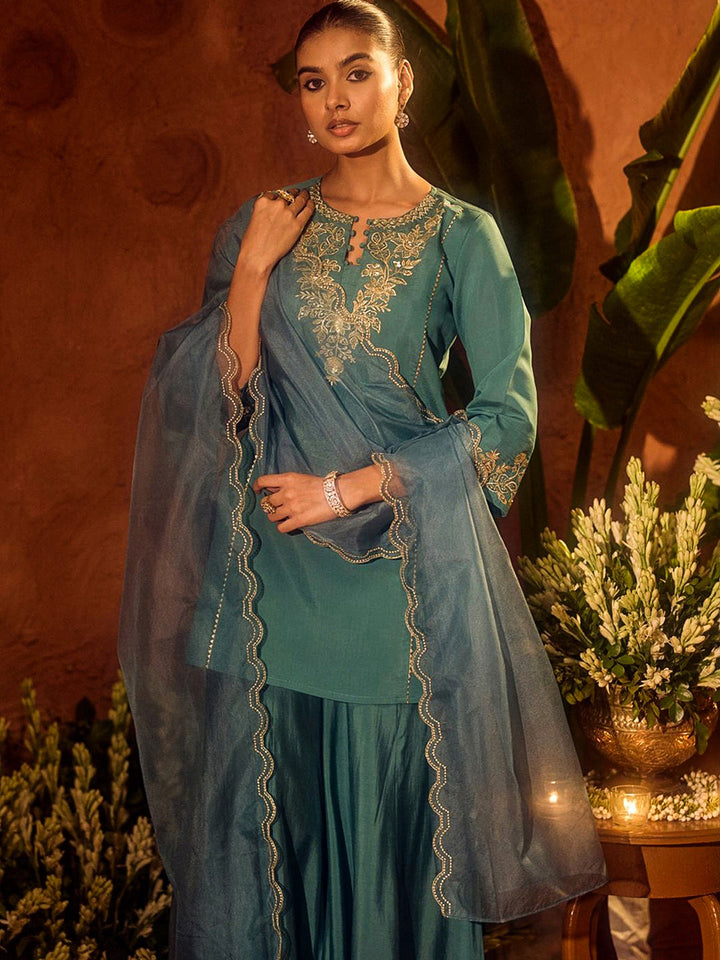 Rama-Green Embroidered Art Silk Kurta With Pant &amp; Dupatta