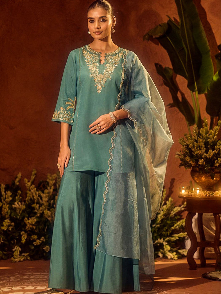 Rama-Green Embroidered Art Silk Kurta With Pant &amp; Dupatta