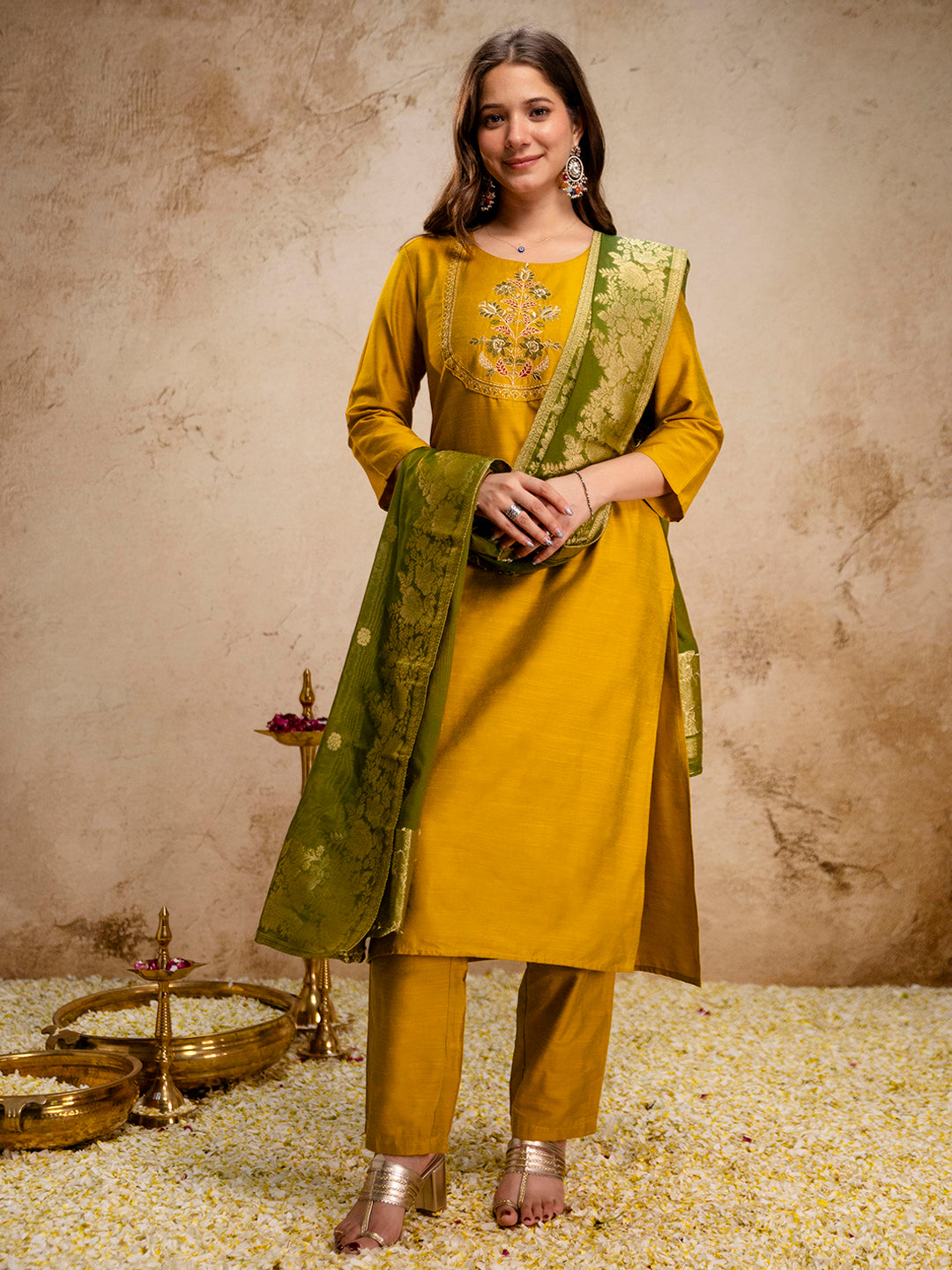 Mustard Embroidered Art Silk Kurta With Pant &amp; Dupatta