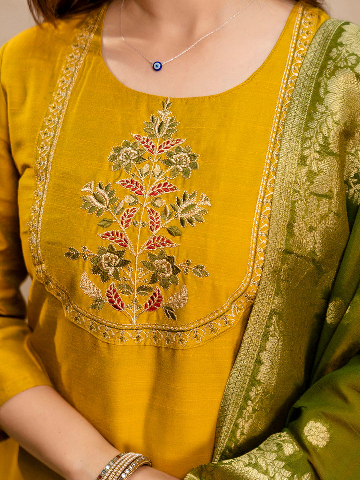Mustard Embroidered Art Silk Kurta With Pant &amp; Dupatta