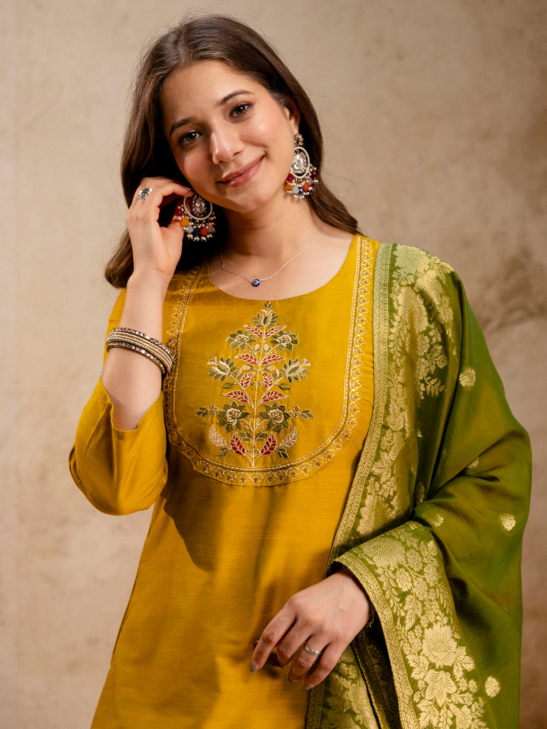 Mustard Embroidered Art Silk Kurta With Pant &amp; Dupatta