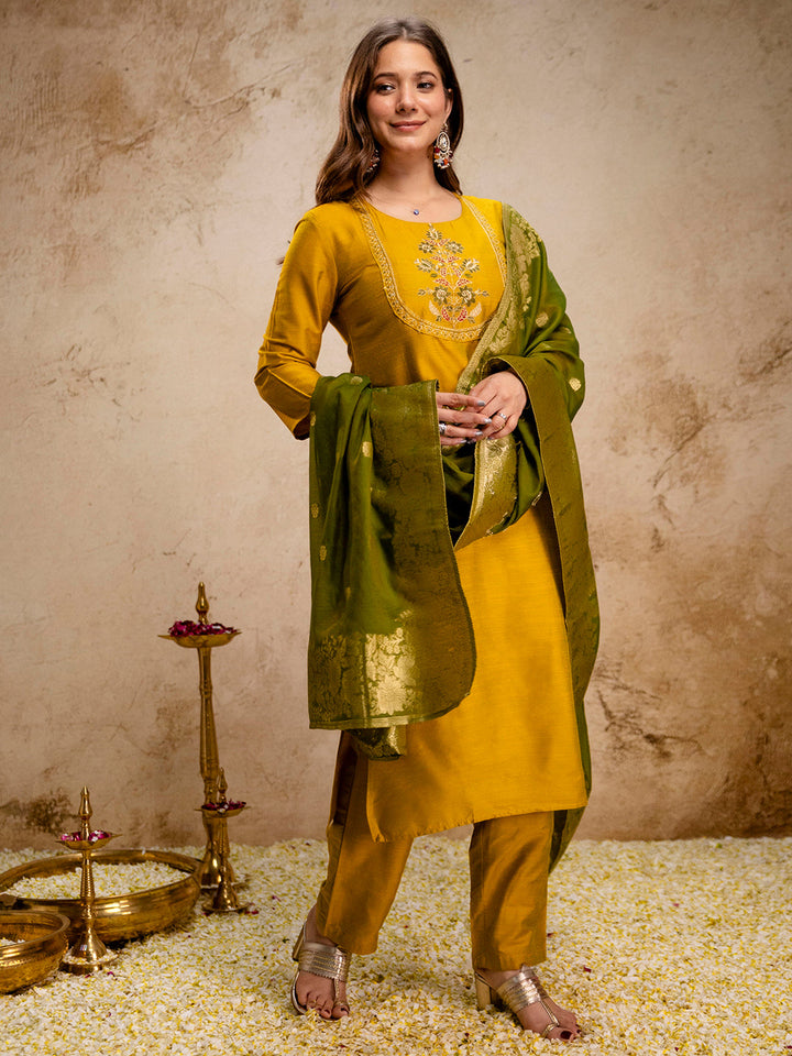 Mustard Embroidered Art Silk Kurta With Pant &amp; Dupatta
