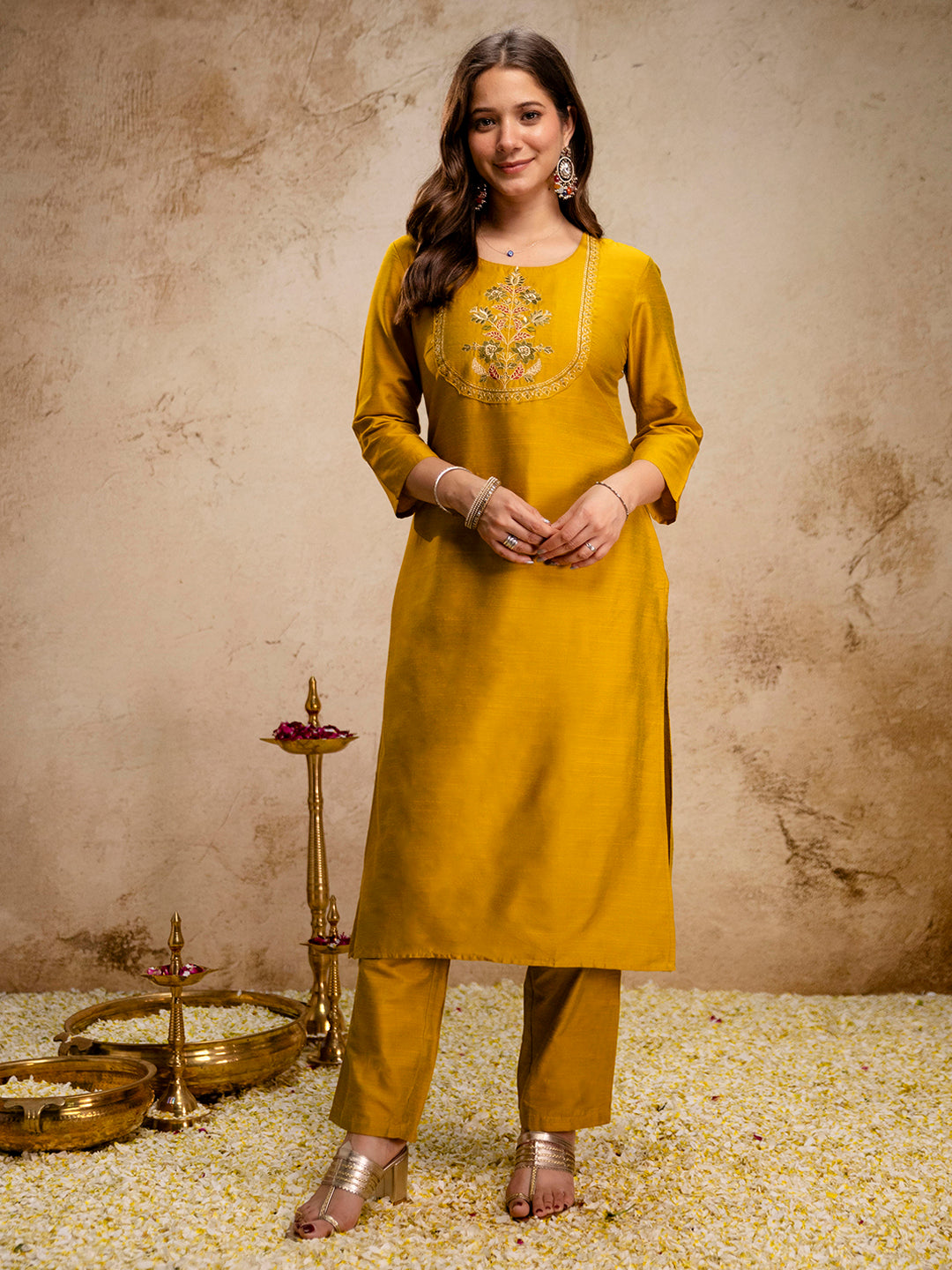 Mustard Embroidered Art Silk Kurta With Pant &amp; Dupatta