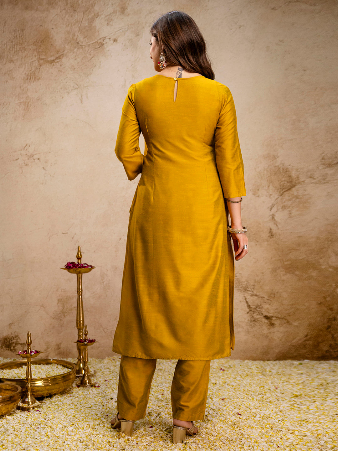 Mustard Embroidered Art Silk Kurta With Pant &amp; Dupatta