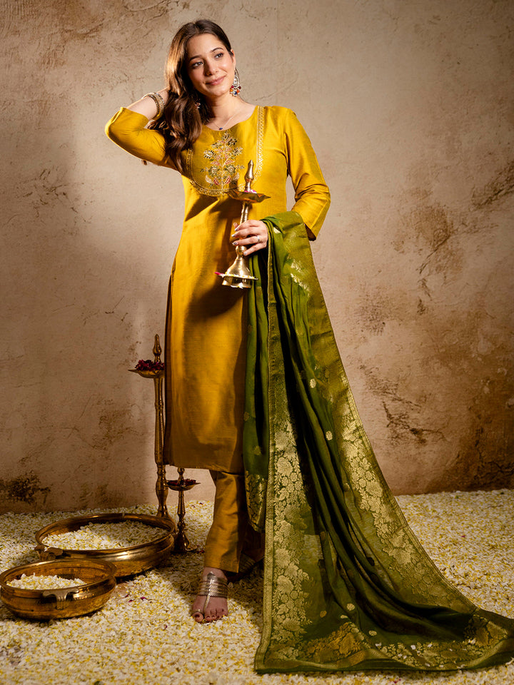 Mustard Embroidered Art Silk Kurta With Pant &amp; Dupatta