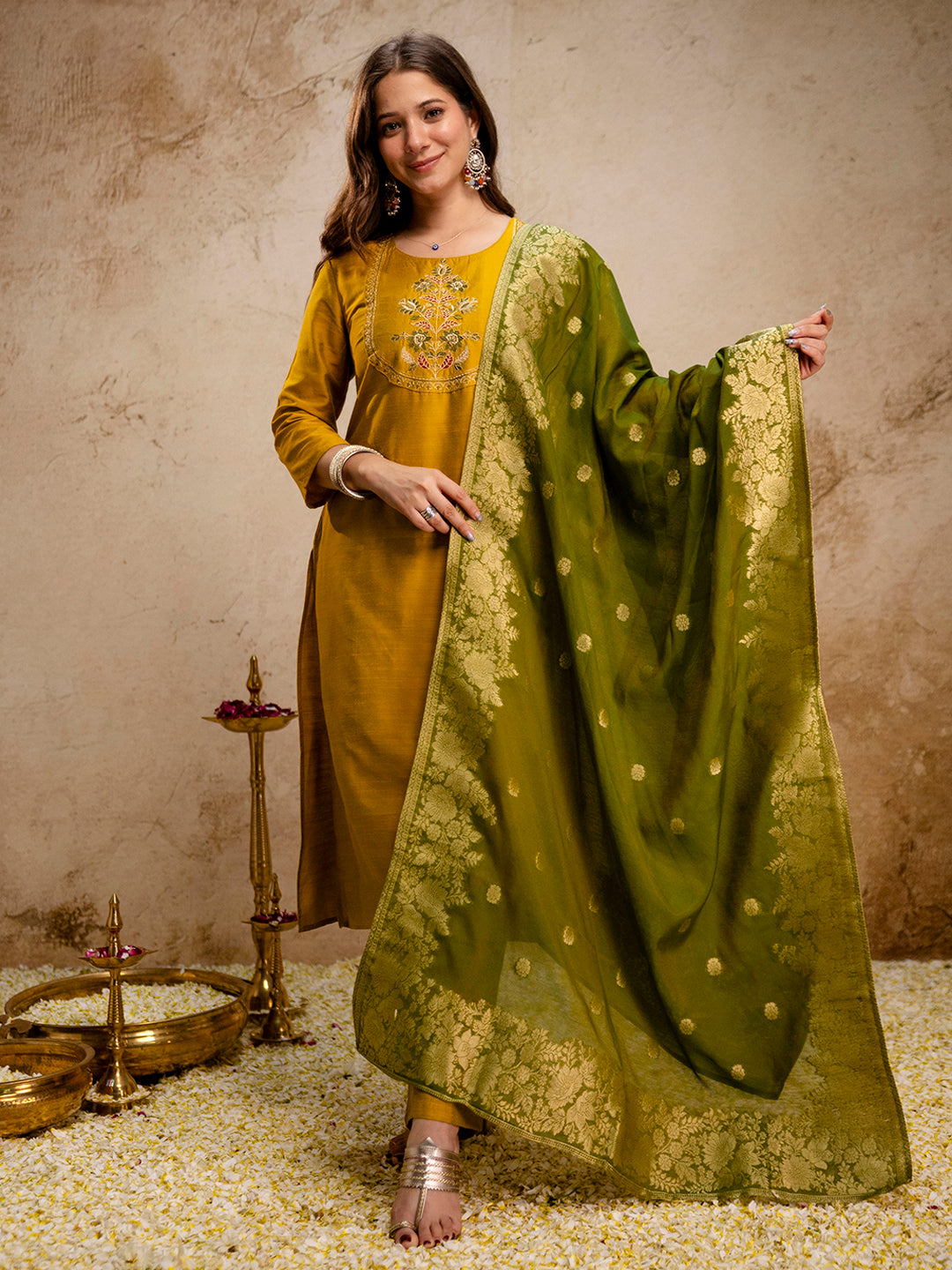 Mustard Embroidered Art Silk Kurta With Pant &amp; Dupatta