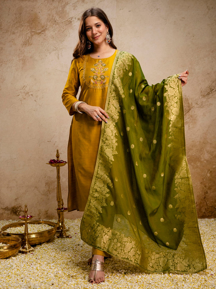 Mustard Embroidered Art Silk Kurta With Pant &amp; Dupatta