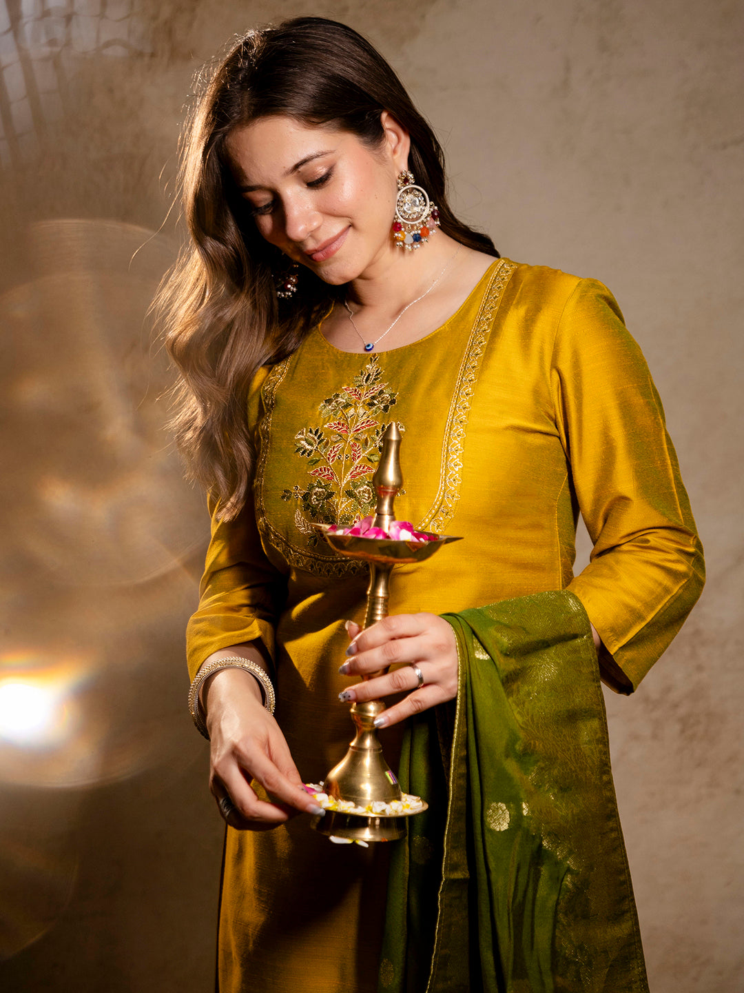 Mustard Embroidered Art Silk Kurta With Pant &amp; Dupatta