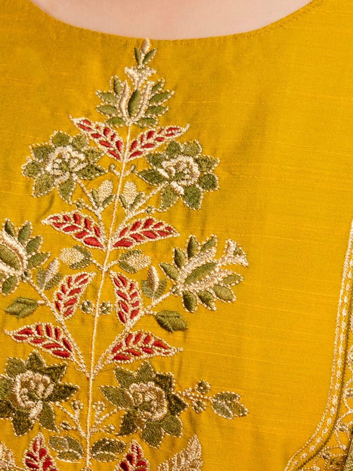 Mustard Embroidered Art Silk Kurta With Pant &amp; Dupatta