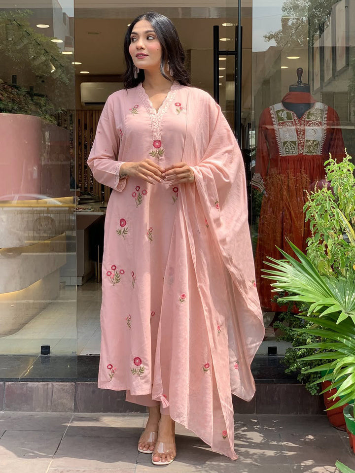 Pink-Lt Embroidered Art Silk Kurta With Pant &amp; Dupatta