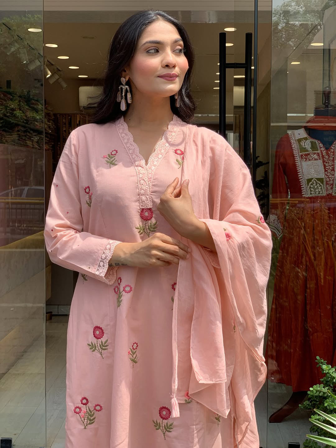 Pink-Lt Embroidered Art Silk Kurta With Pant &amp; Dupatta