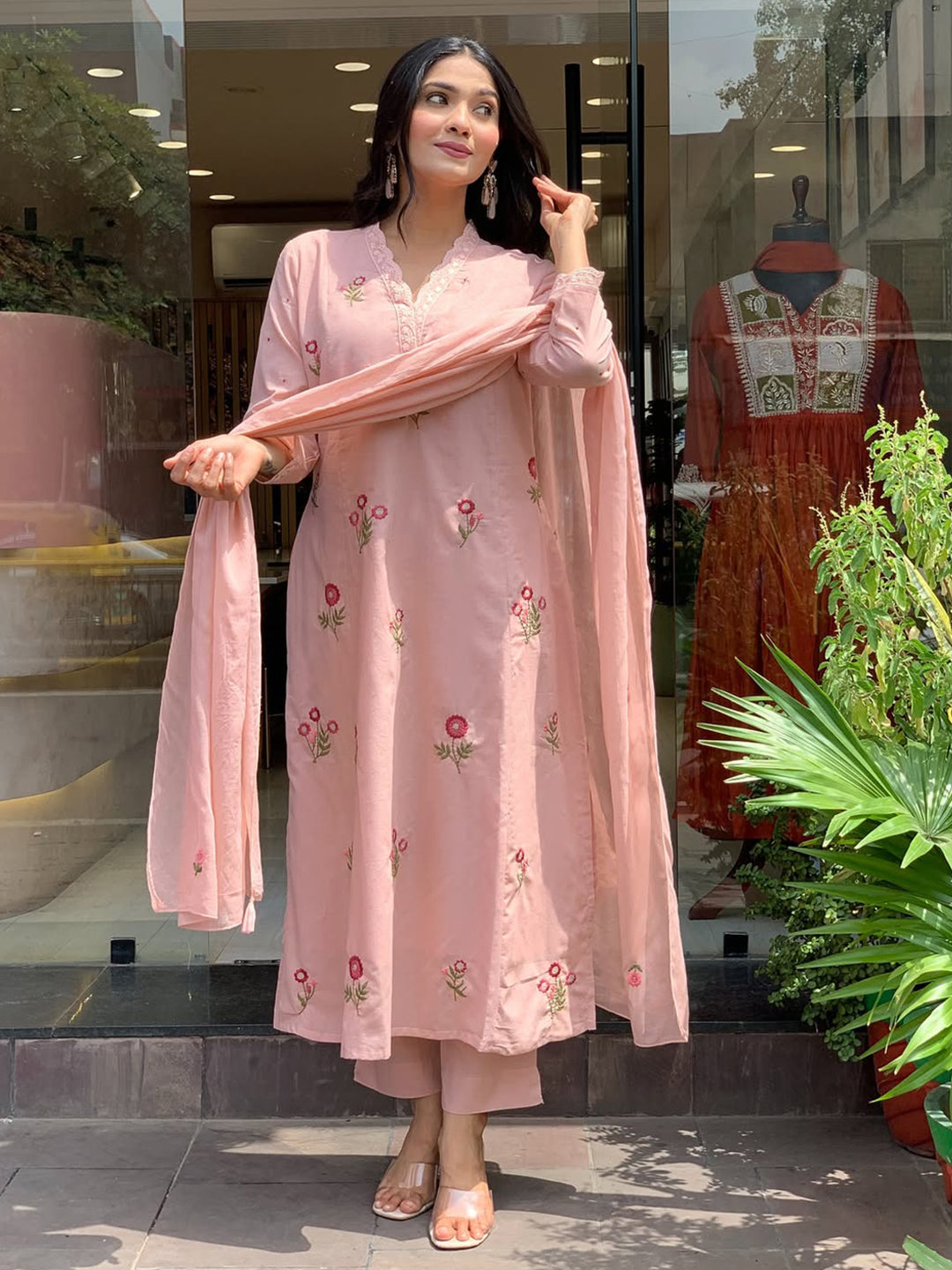 Pink-Lt Embroidered Art Silk Kurta With Pant &amp; Dupatta