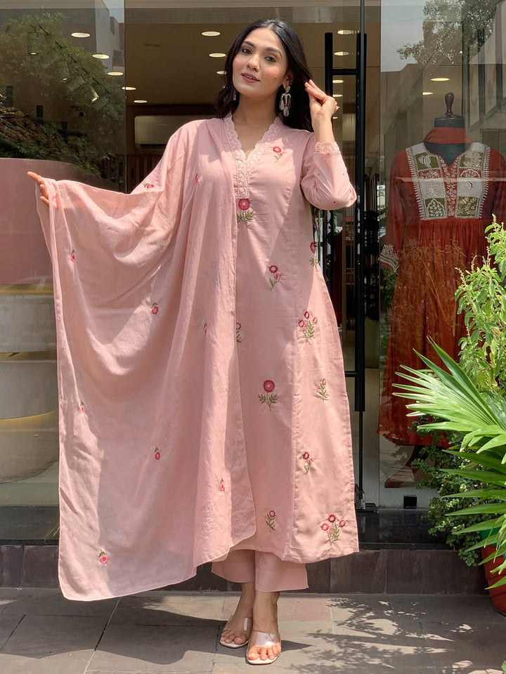 Pink-Lt Embroidered Art Silk Kurta With Pant &amp; Dupatta