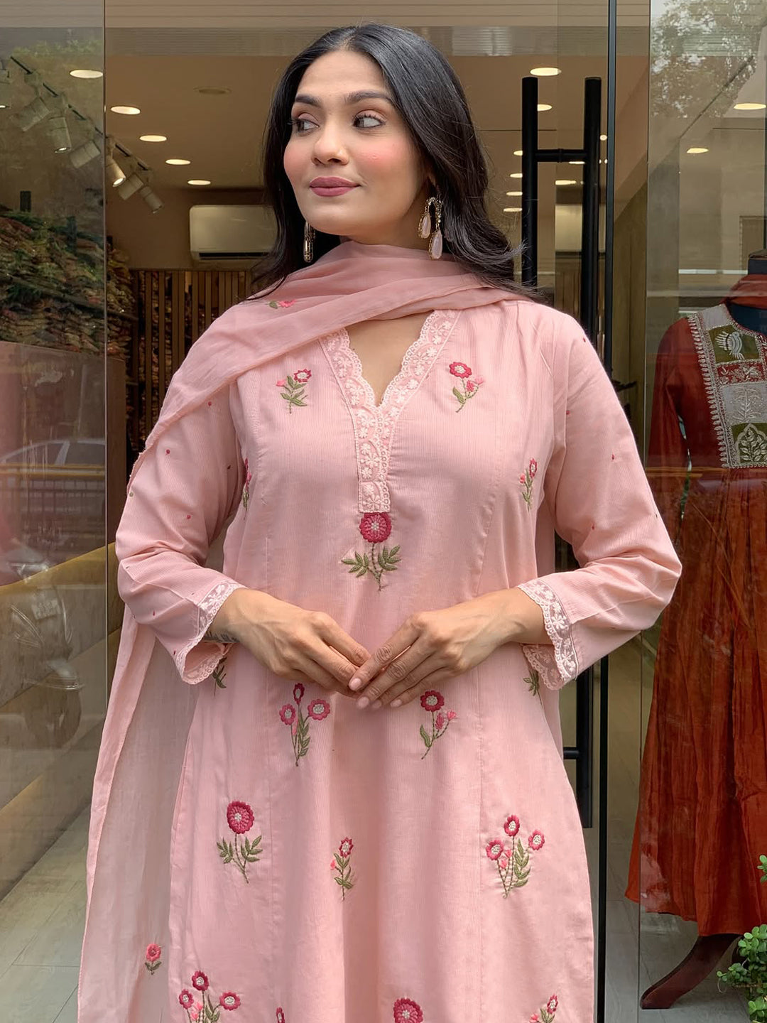Pink-Lt Embroidered Art Silk Kurta With Pant &amp; Dupatta