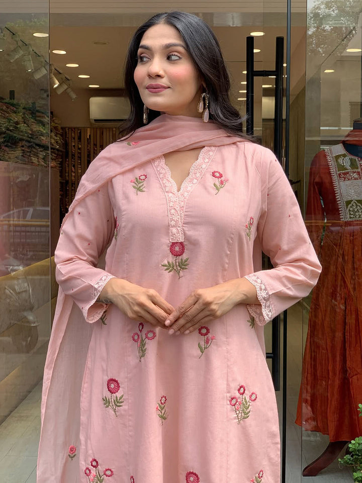 Pink-Lt Embroidered Art Silk Kurta With Pant &amp; Dupatta