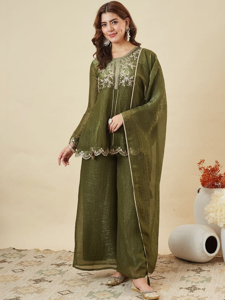Mehndi Embroidered Art Silk Kurta With Pant &amp; Dupatta