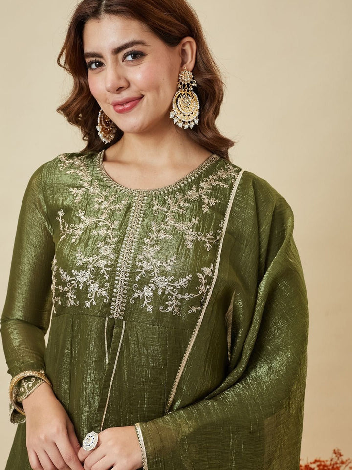 Mehndi Embroidered Art Silk Kurta With Pant &amp; Dupatta