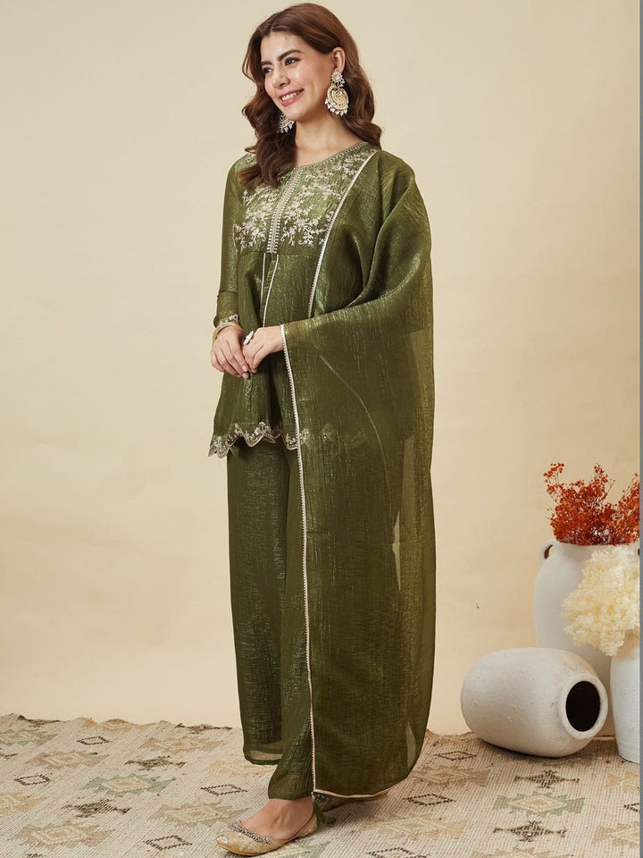 Mehndi Embroidered Art Silk Kurta With Pant &amp; Dupatta