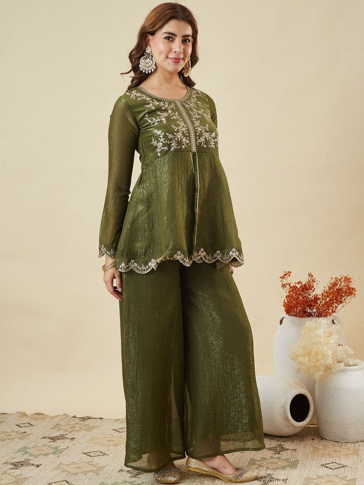Mehndi Embroidered Art Silk Kurta With Pant &amp; Dupatta