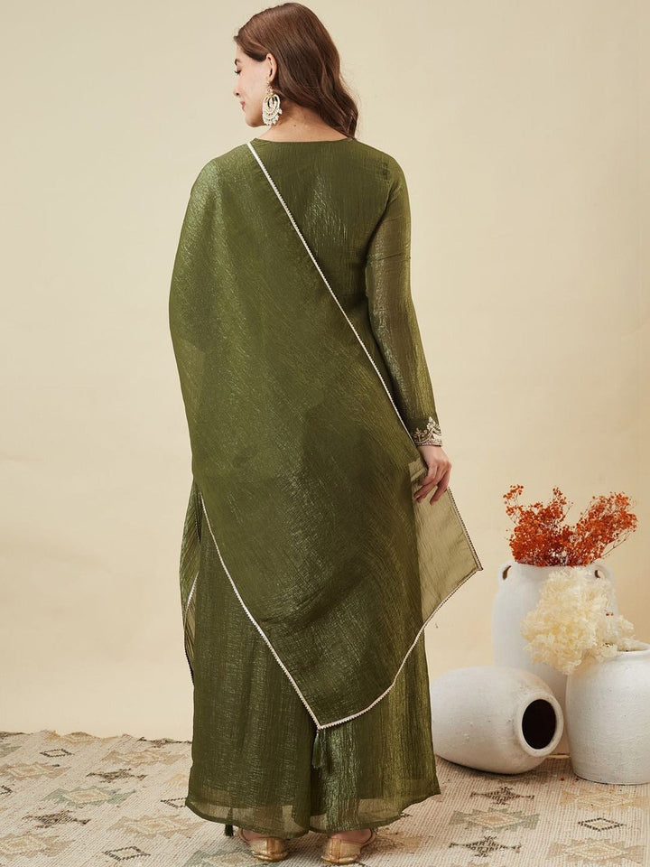 Mehndi Embroidered Art Silk Kurta With Pant &amp; Dupatta