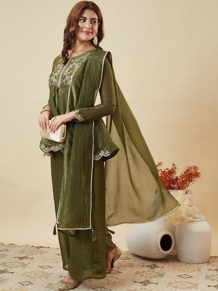 Mehndi Embroidered Art Silk Kurta With Pant &amp; Dupatta