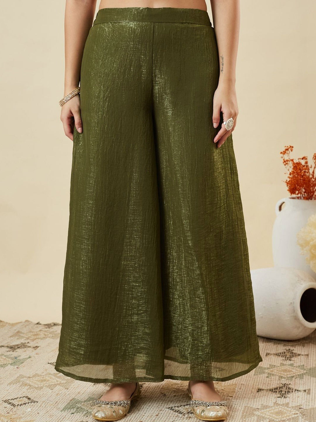 Mehndi Embroidered Art Silk Kurta With Pant &amp; Dupatta