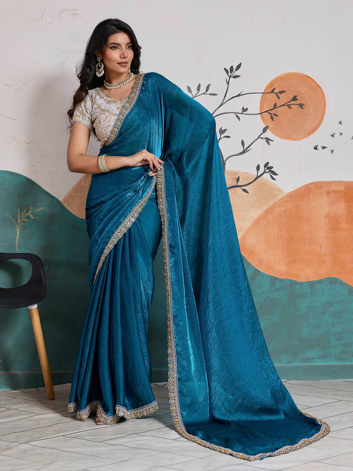 Lake Blue Embroidered Velvet Satin Saree