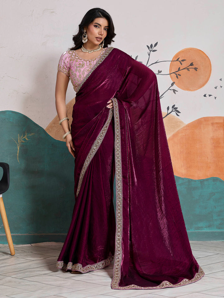 Maroon Embroidered Velvet Satin Saree