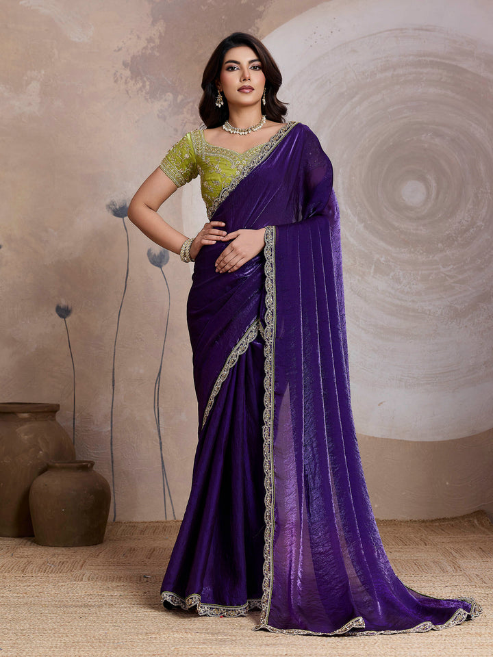 Purple Embroidered Velvet Satin Saree
