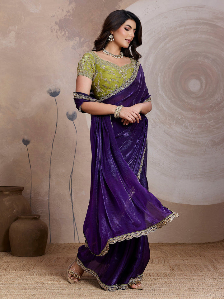 Purple Embroidered Velvet Satin Saree