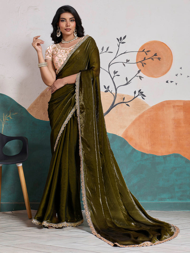 Mehndi Embroidered Velvet Satin Saree