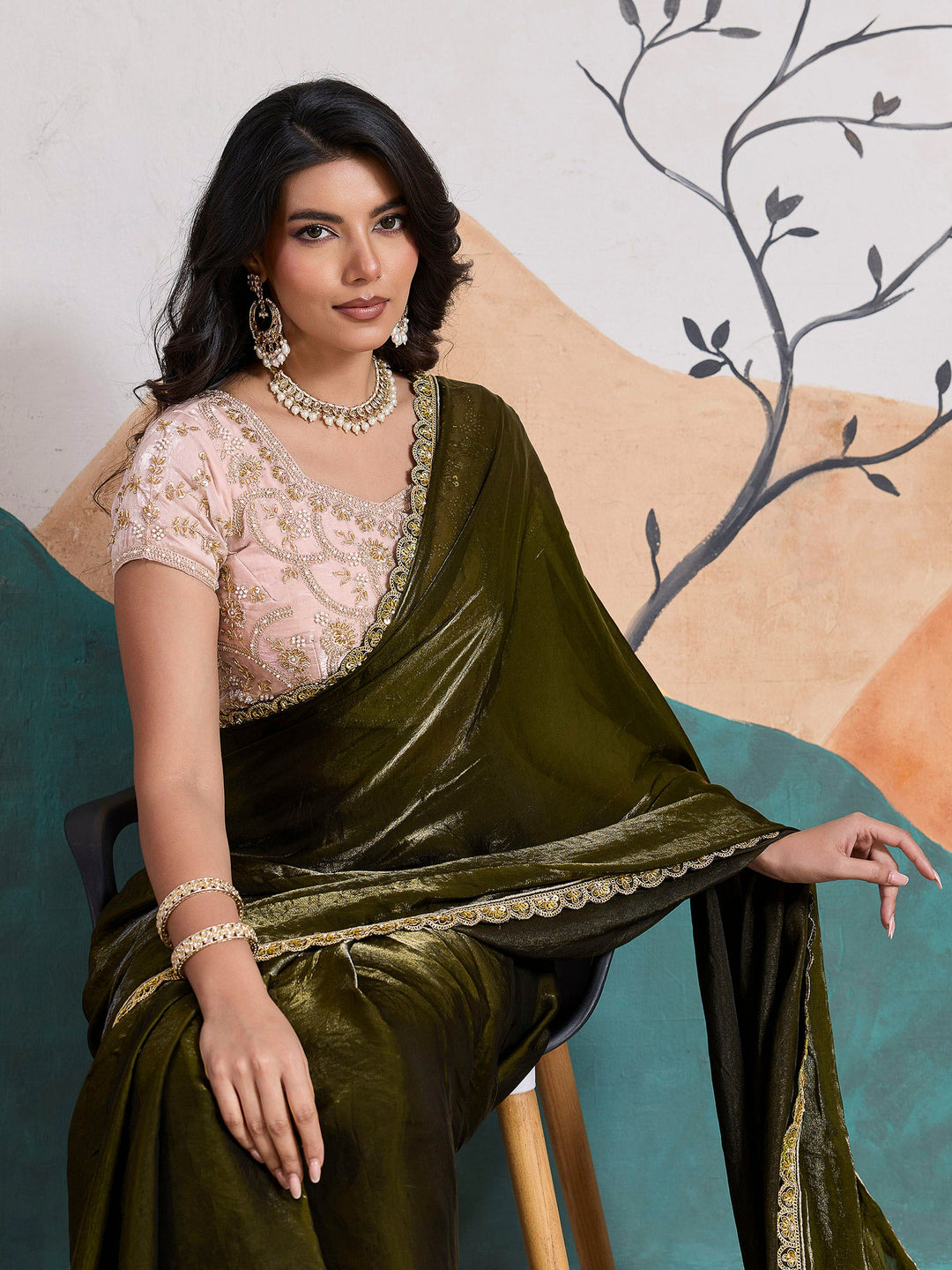 Mehndi Embroidered Velvet Satin Saree