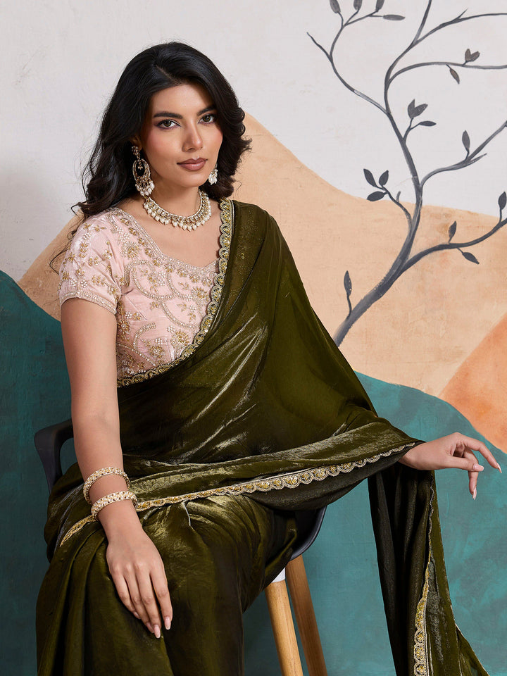 Mehndi Embroidered Velvet Satin Saree