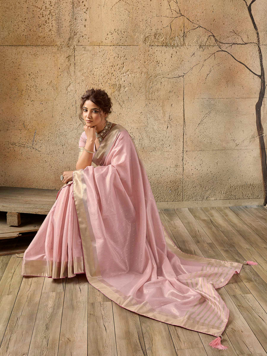 Pink Tissue Woven Saree