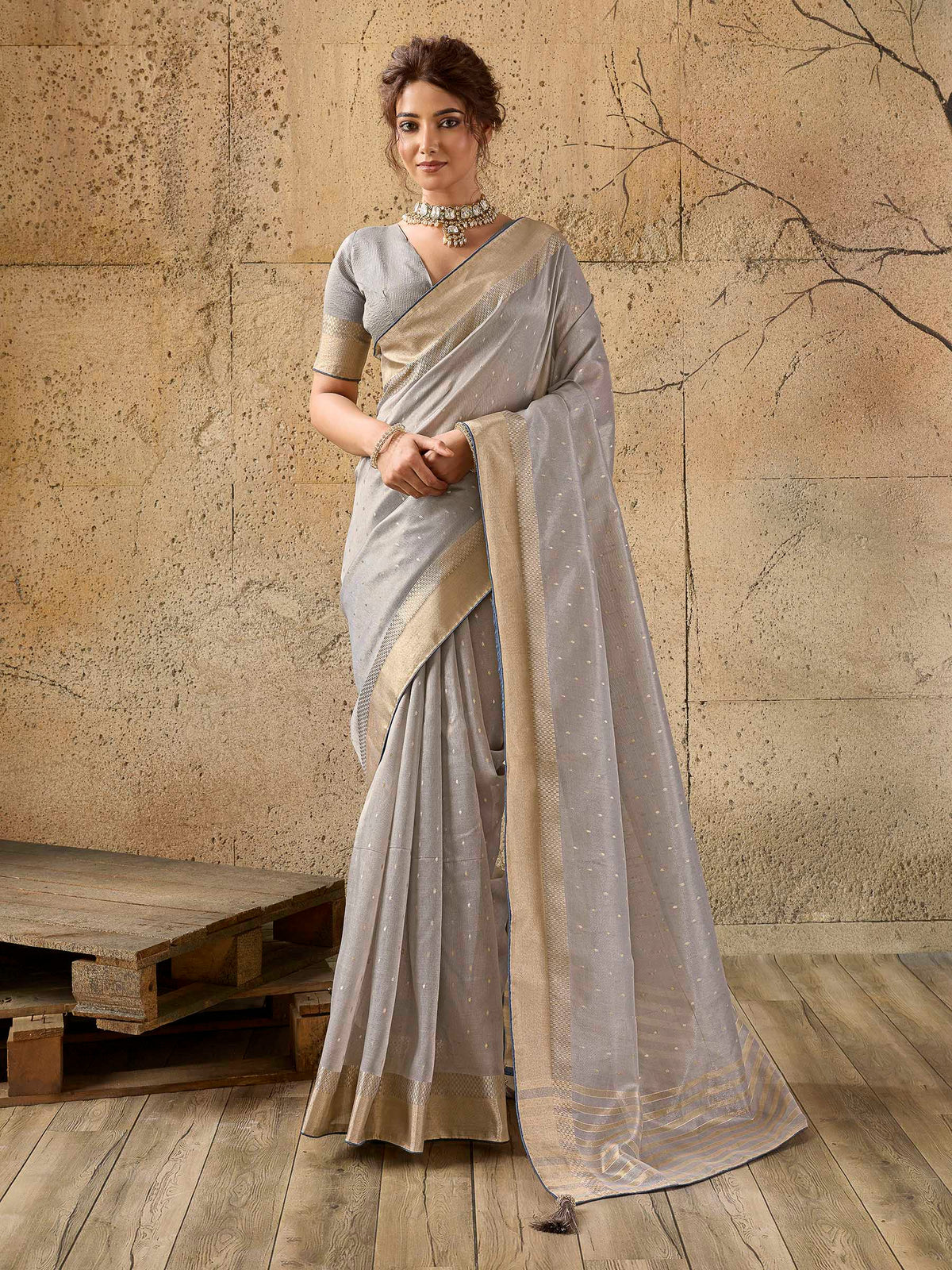 Grey Tissue Woven Saree