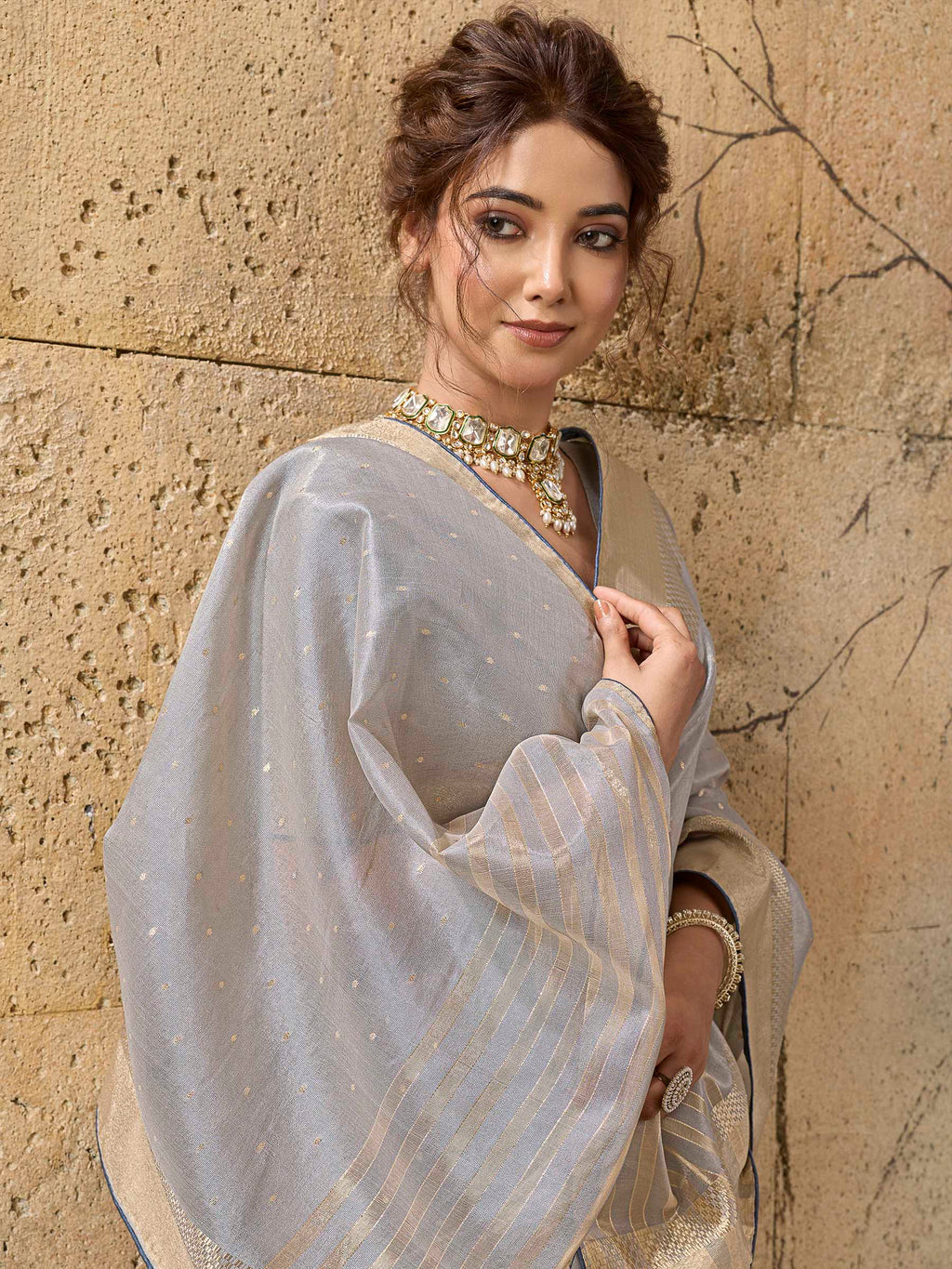 Grey Tissue Woven Saree