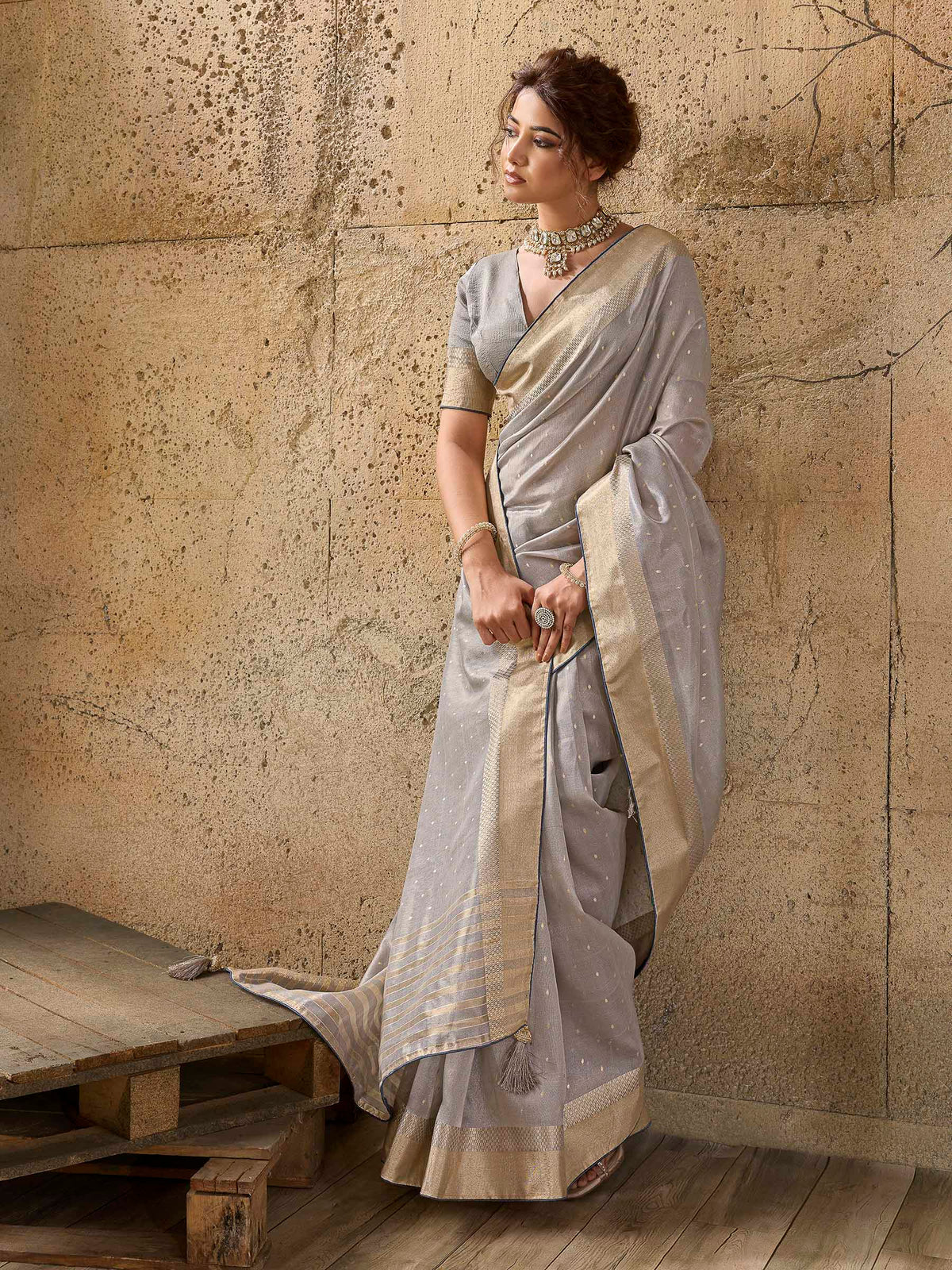 Grey Tissue Woven Saree