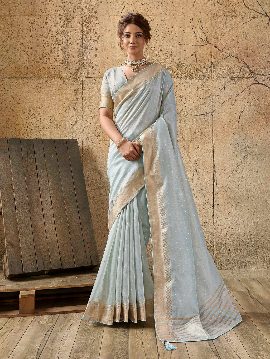 Sky-Blue Tissue Woven Saree