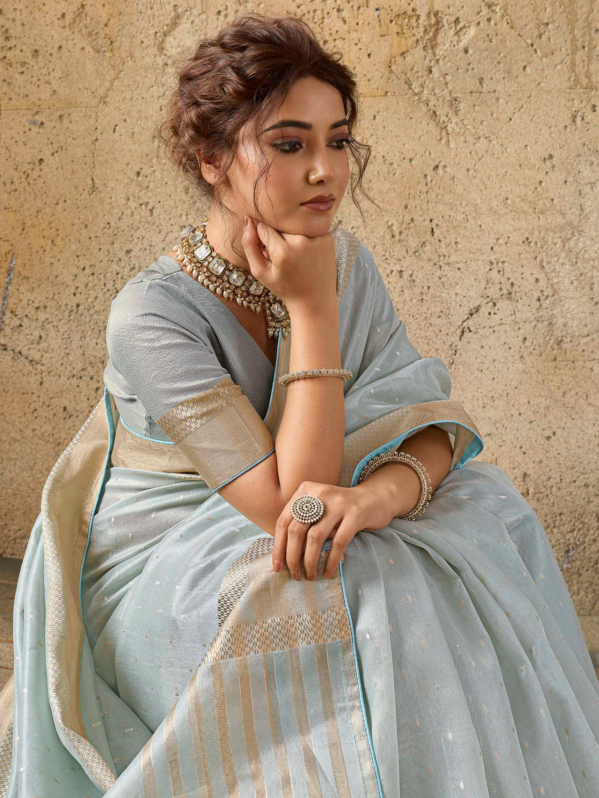 Sky-Blue Tissue Woven Saree