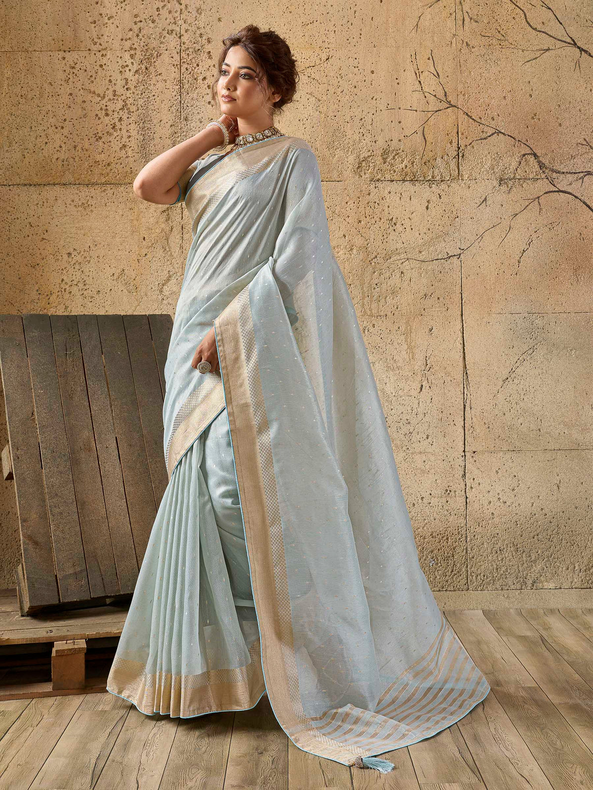 Sky-Blue Tissue Woven Saree